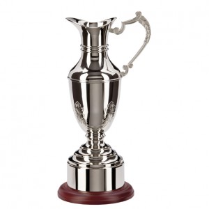 Nickel Plated Claret Jugs On Solid Wooden Base With Plinth Band
