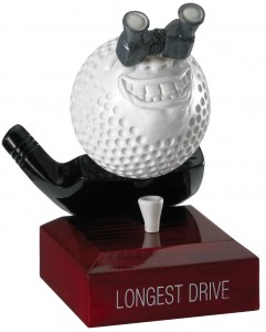 "Longest Drive" Comic Golf Ball Trophies On Wooden Base