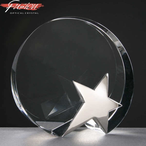 Circle Fusion Crystal Awards With Chrome Star Supplied In Velvet Lined Presentation Case. Price Includes Engraving.
